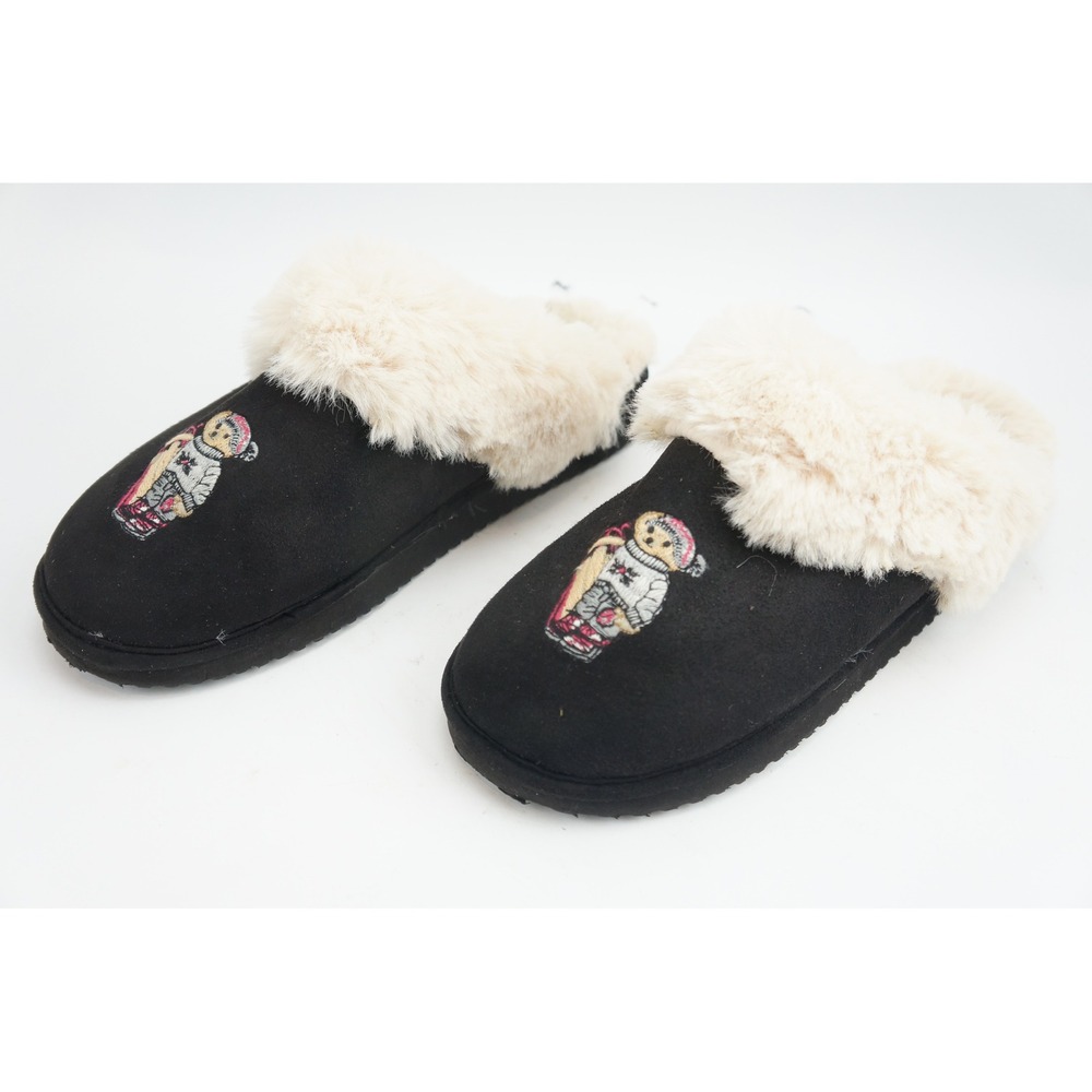 Polo Ralph Lauren Slippers Size 9 Black Polo Bear Faux Fur Shearling Excellent